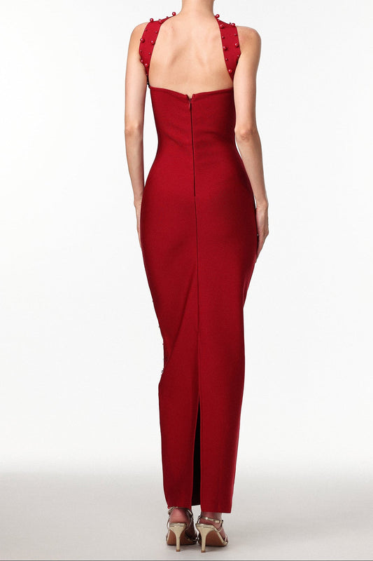 Nesya Sleeveless Pearl Wine Bandage Maxi Dress