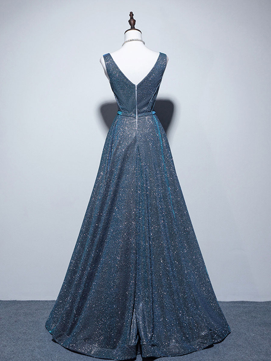 A-Line V Neck Satin Blue Dress