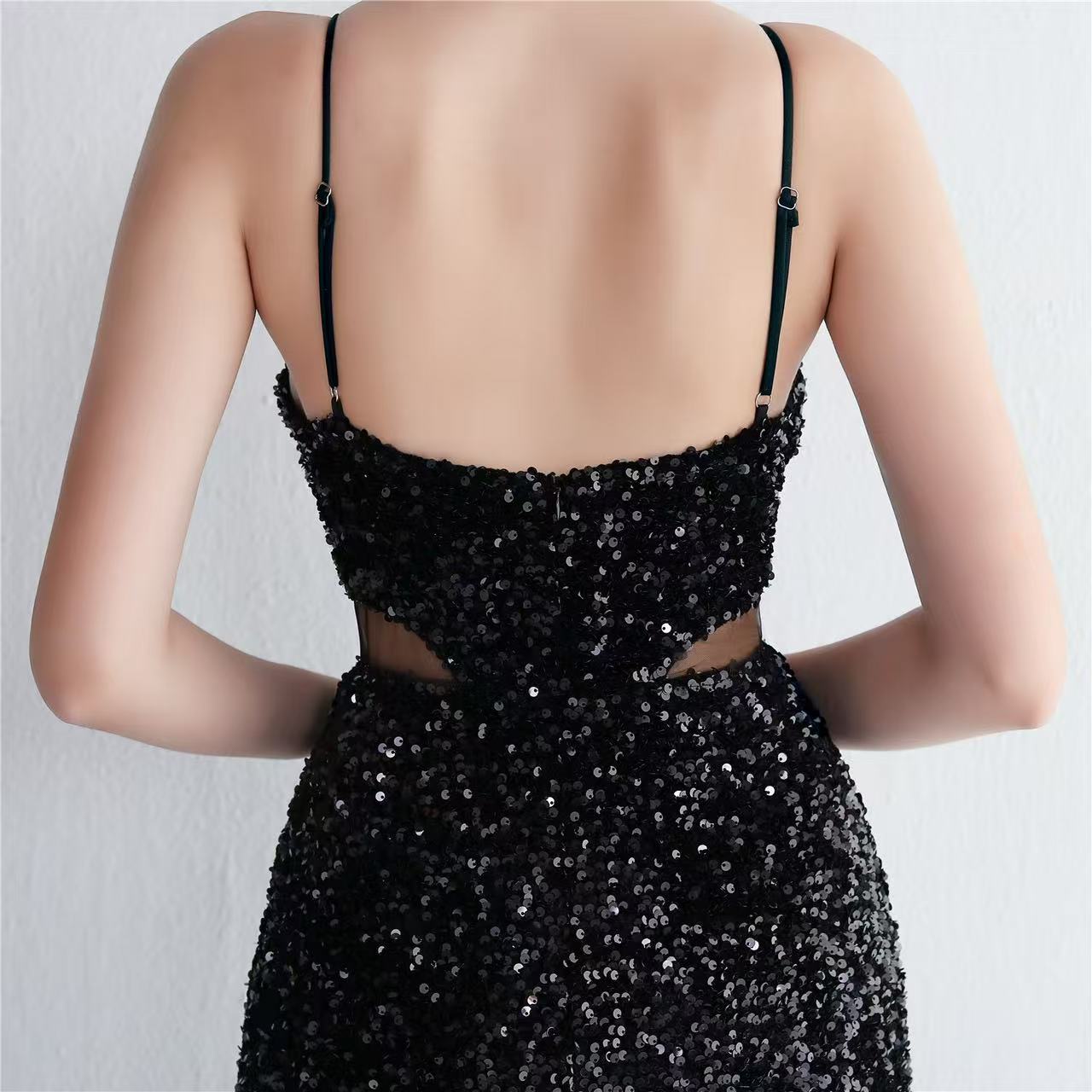 MARIAN BLACK CUTOUT SEQUINS HALTER MAXI DRESS