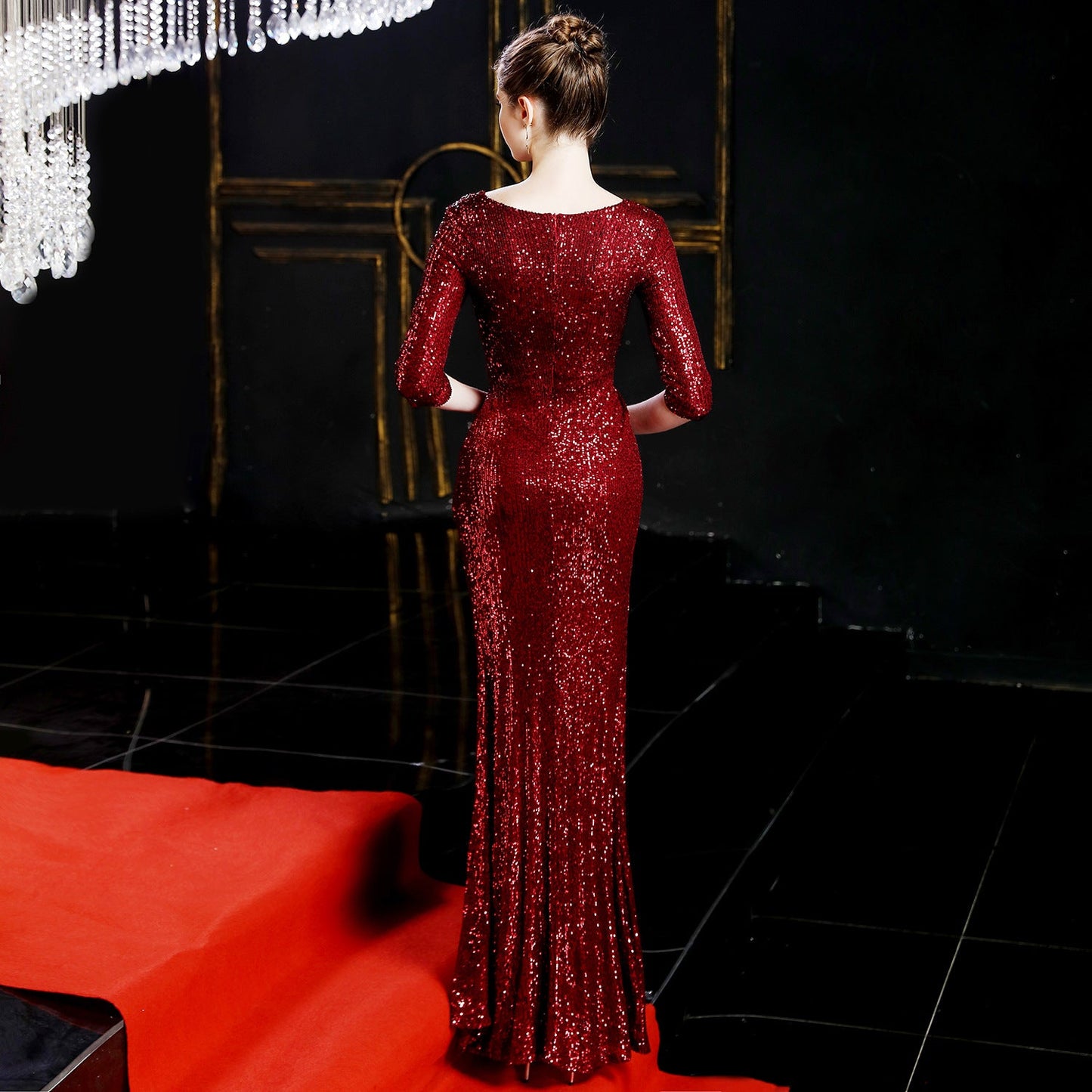 Long Sleeve Sequin Fishtail Formal Dress