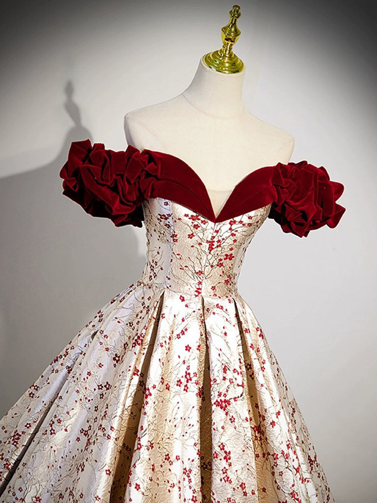 Abito a trapezio in raso/velluto color champagne con spalle scoperte