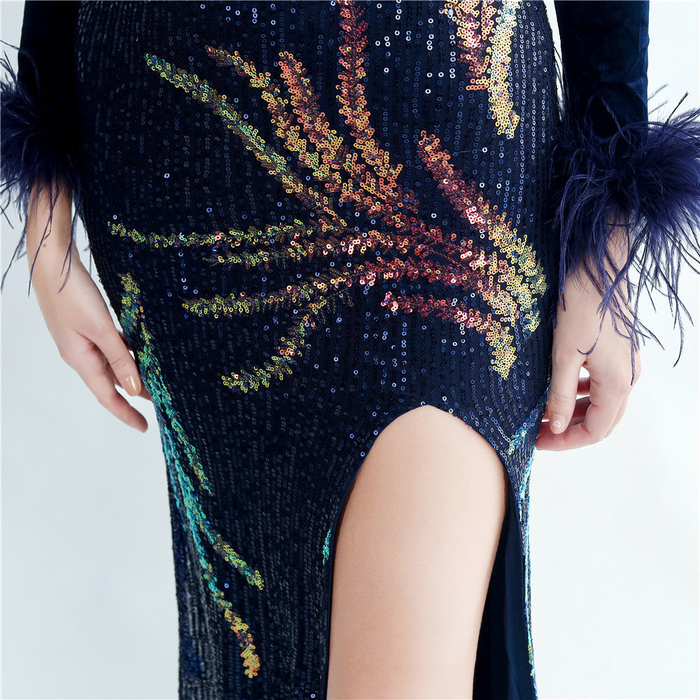 Ostrich Beaded Velvet Side Split Formal Dress