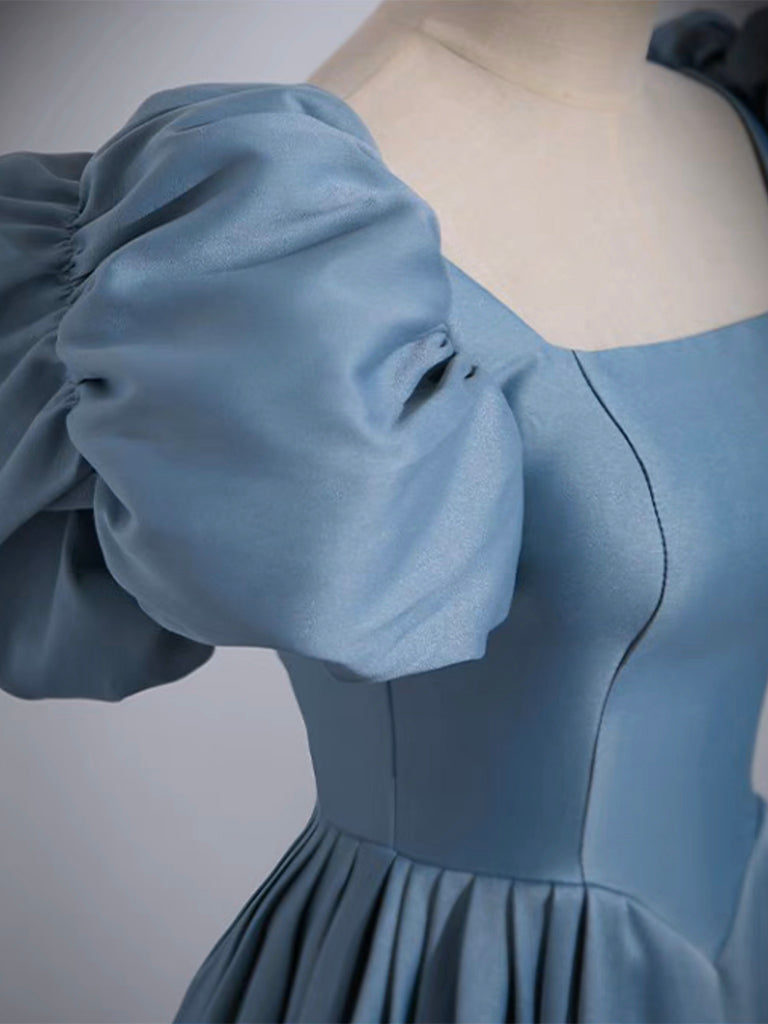 Abito da ballo lungo in raso blu a trapezio