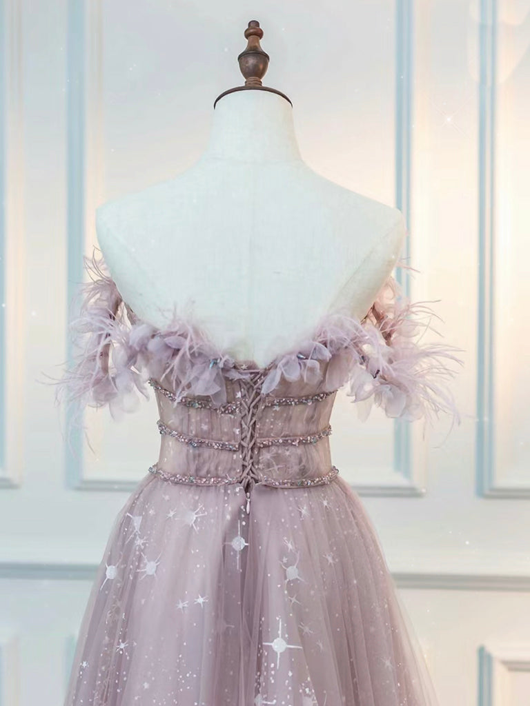 Embellished A-Line Off Shoulder Tulle Lace Pink Dress