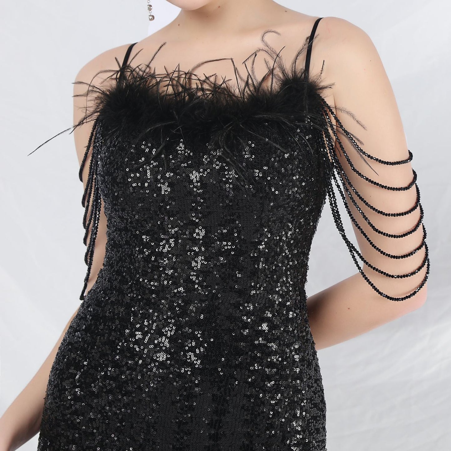 Ostrich Fur Illusion Beaded Formal Dress