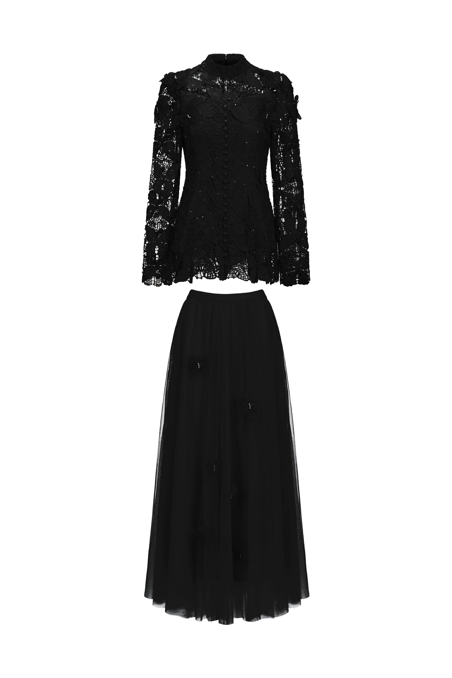 Yvette Black - Top e gonna a farfalla in pizzo con maniche lunghe e pieghe, set due pezzi