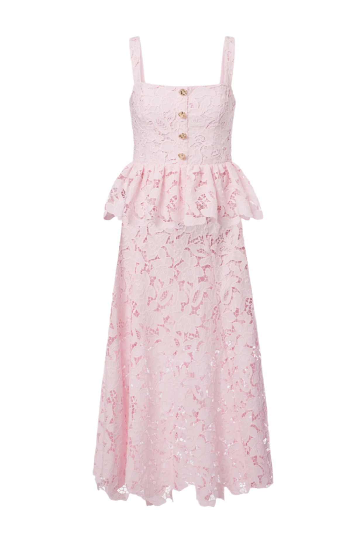 ピンクのレースペプラムミディドレス