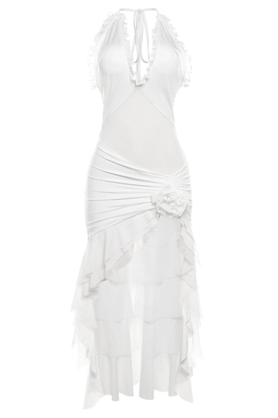 Malia Halter Mesh Flower Ruffle Midi Dress