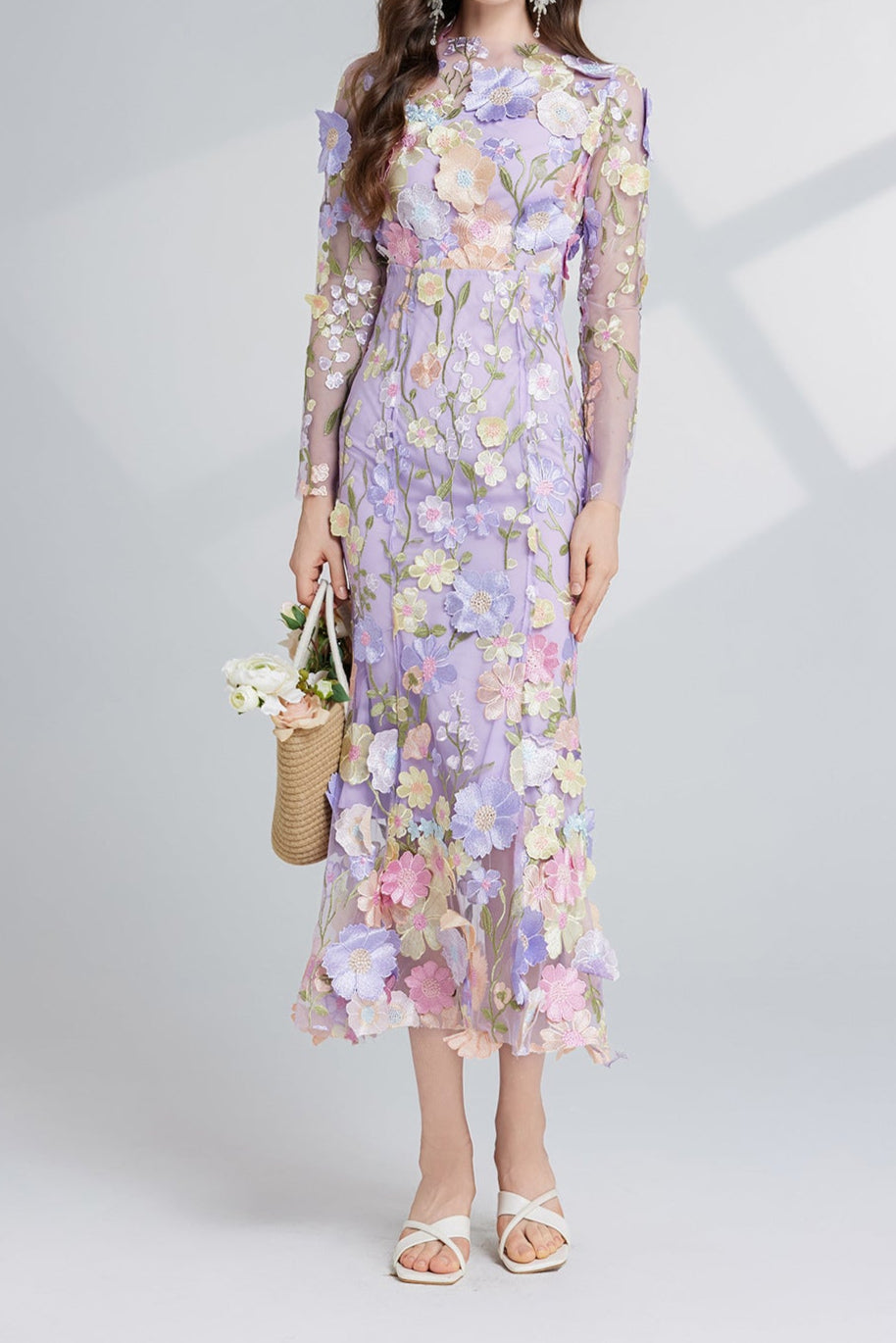 CAROL PURPLE FLORAL EMBROIDERY MESH LONG SLEEVE MIDI DRESS