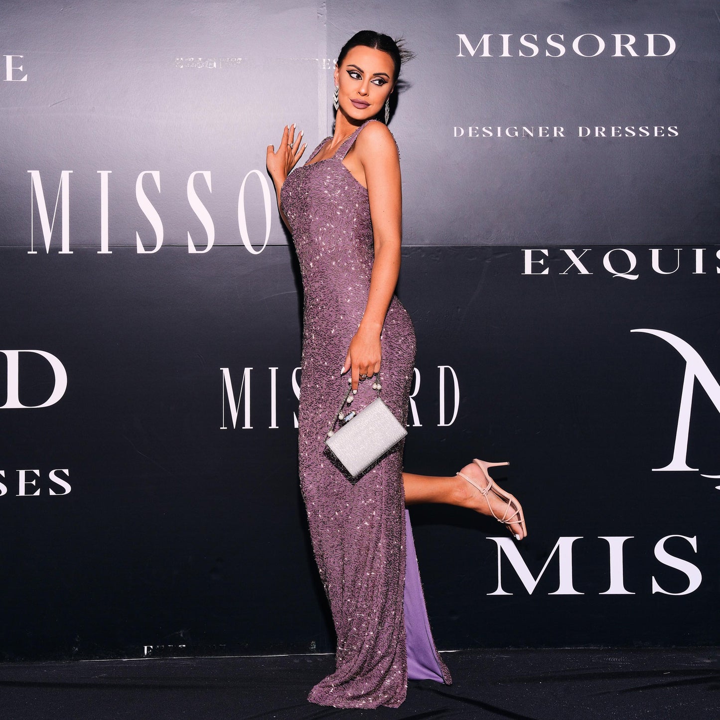 square neck sequin body maxi dress in purple