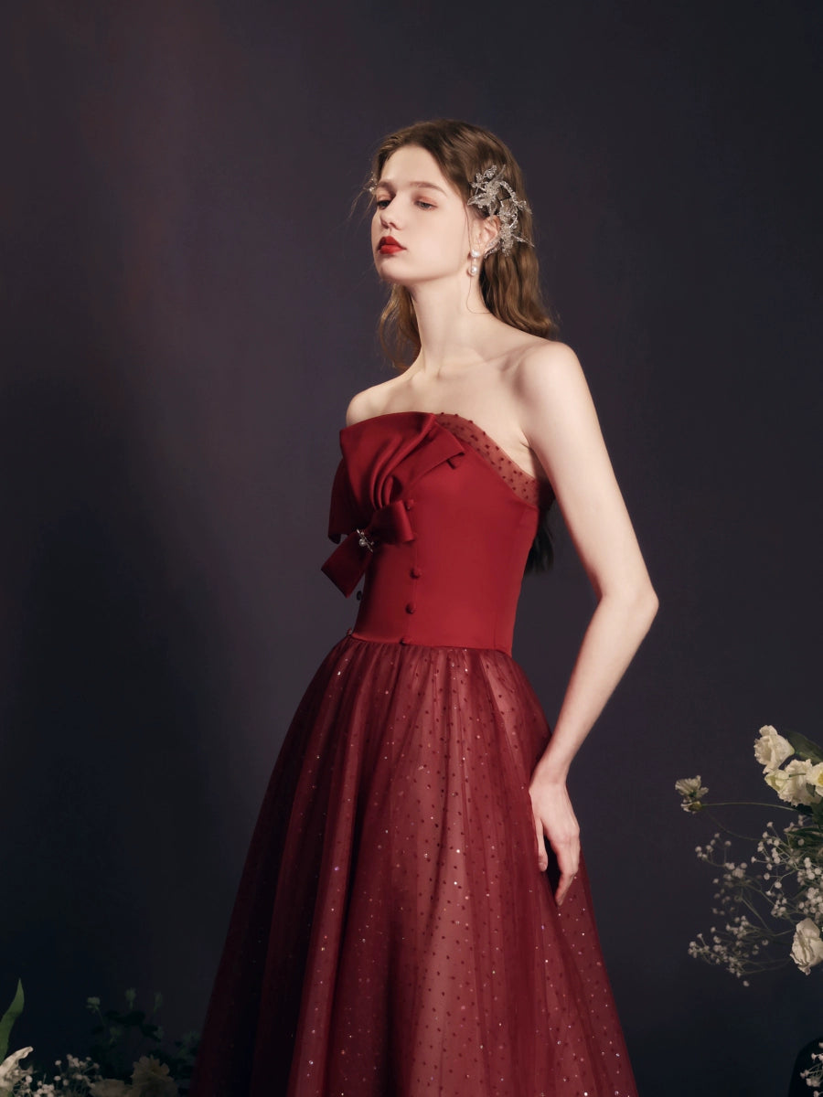 sequin detail bow strapless maxi dress in red
