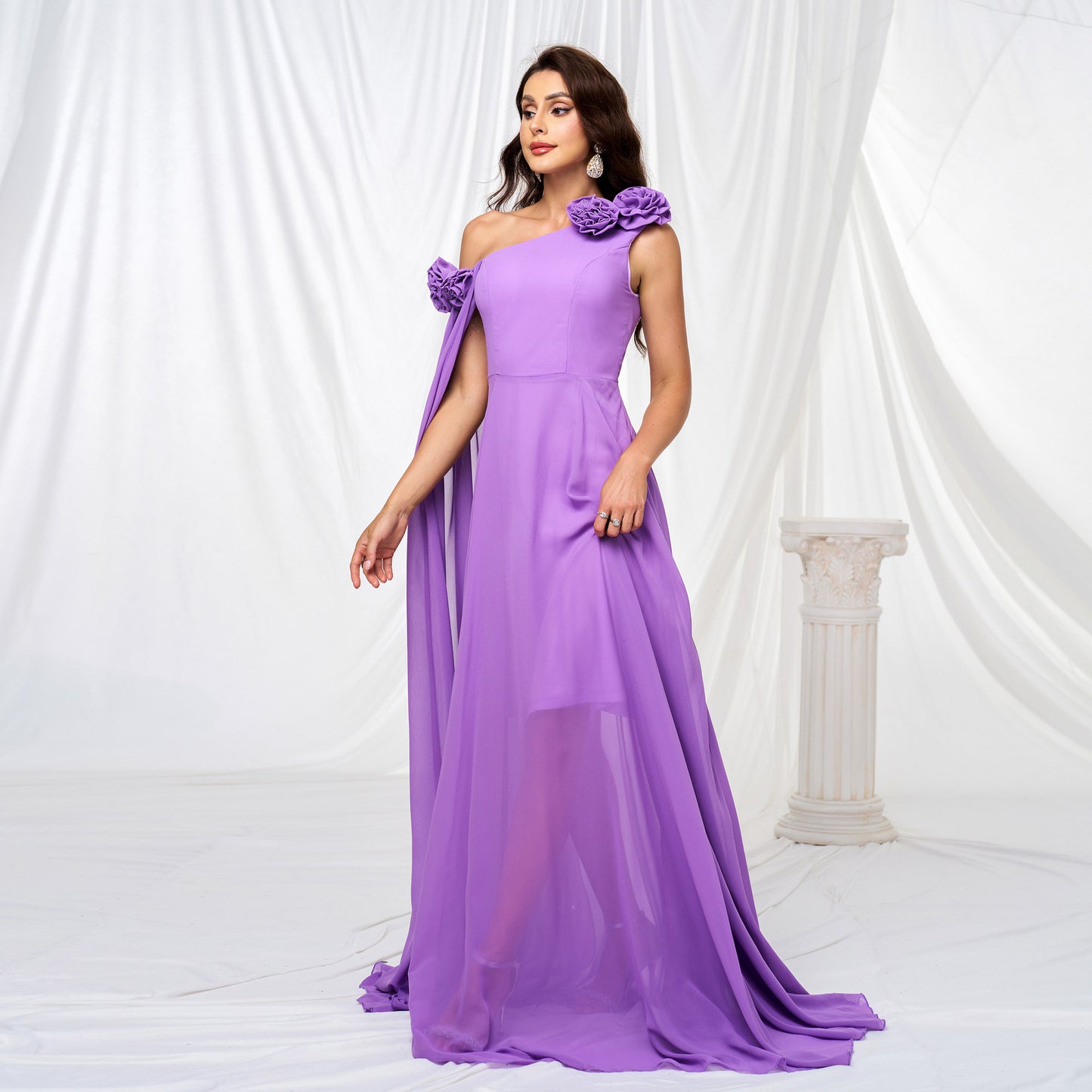 one-shoulder chiffon maxi dress in purple