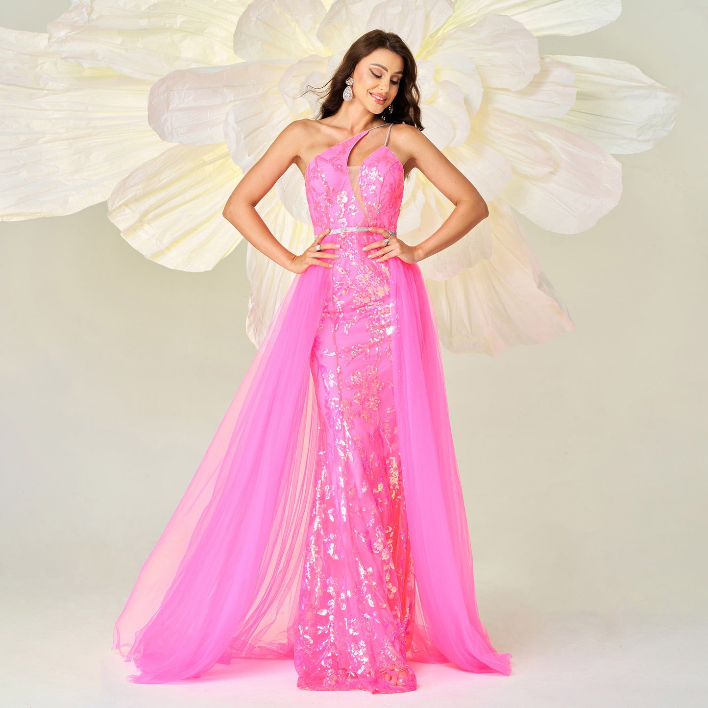 One-shoulder asymmetrical neckline sequined mesh dress