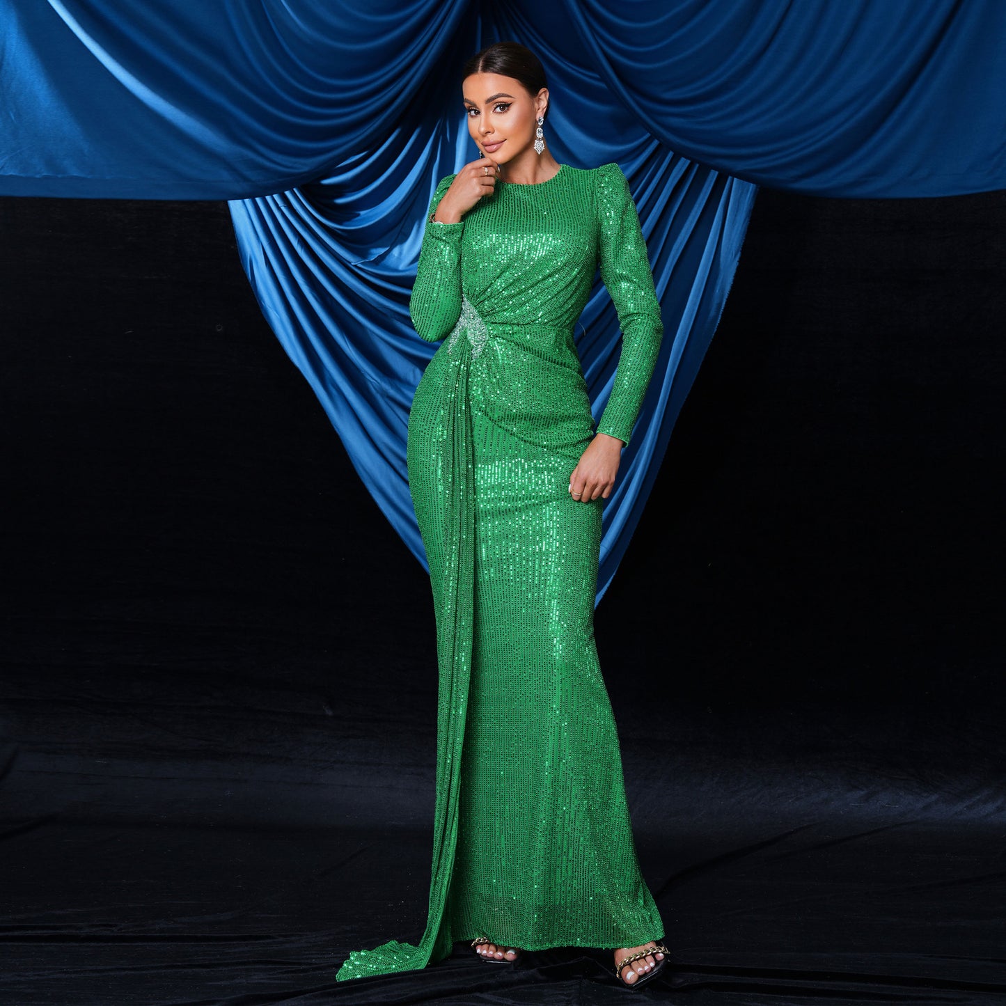 sequin embellished pleated bodycon maxi dress in green