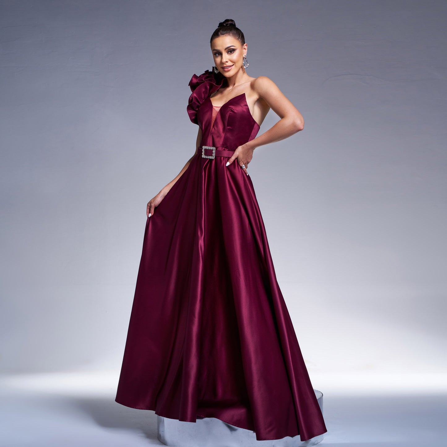dark purple 3d flower one shoulder satin maxi dress