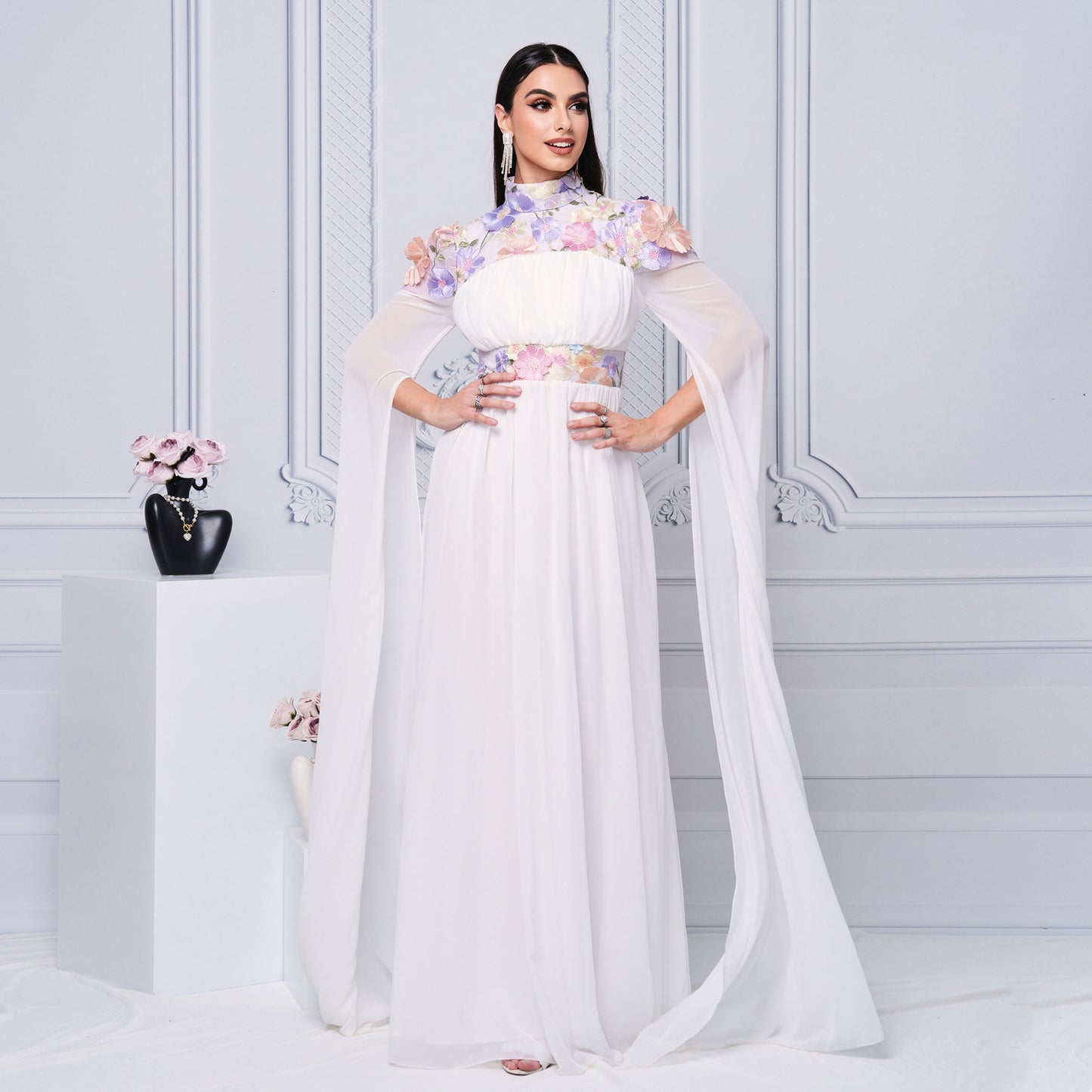 floral applique tulle maxi dress