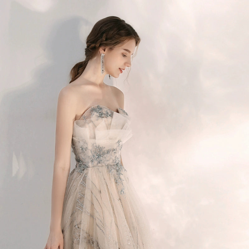 sequin tulle strapless maxi dress in champagne