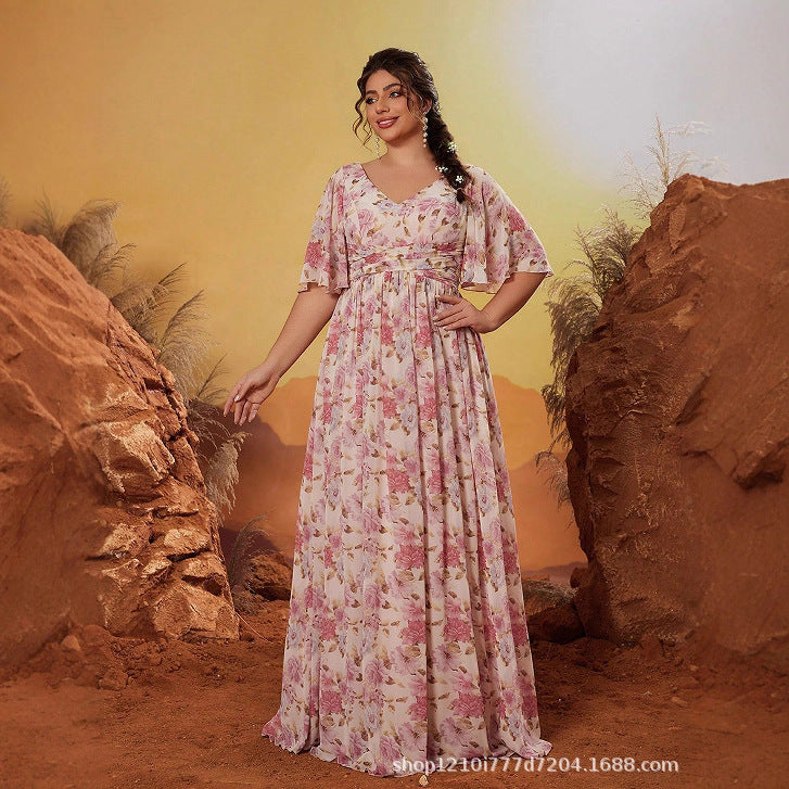 plus size v neck floral print maxi dress in pink