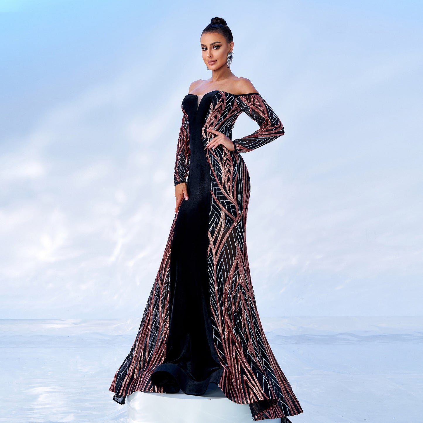 off shoulder sequin velvet maxi dress