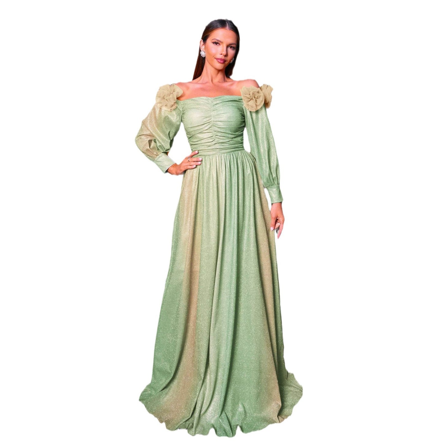 gradient green off-shoulder flower lantern sleeve maxi dress