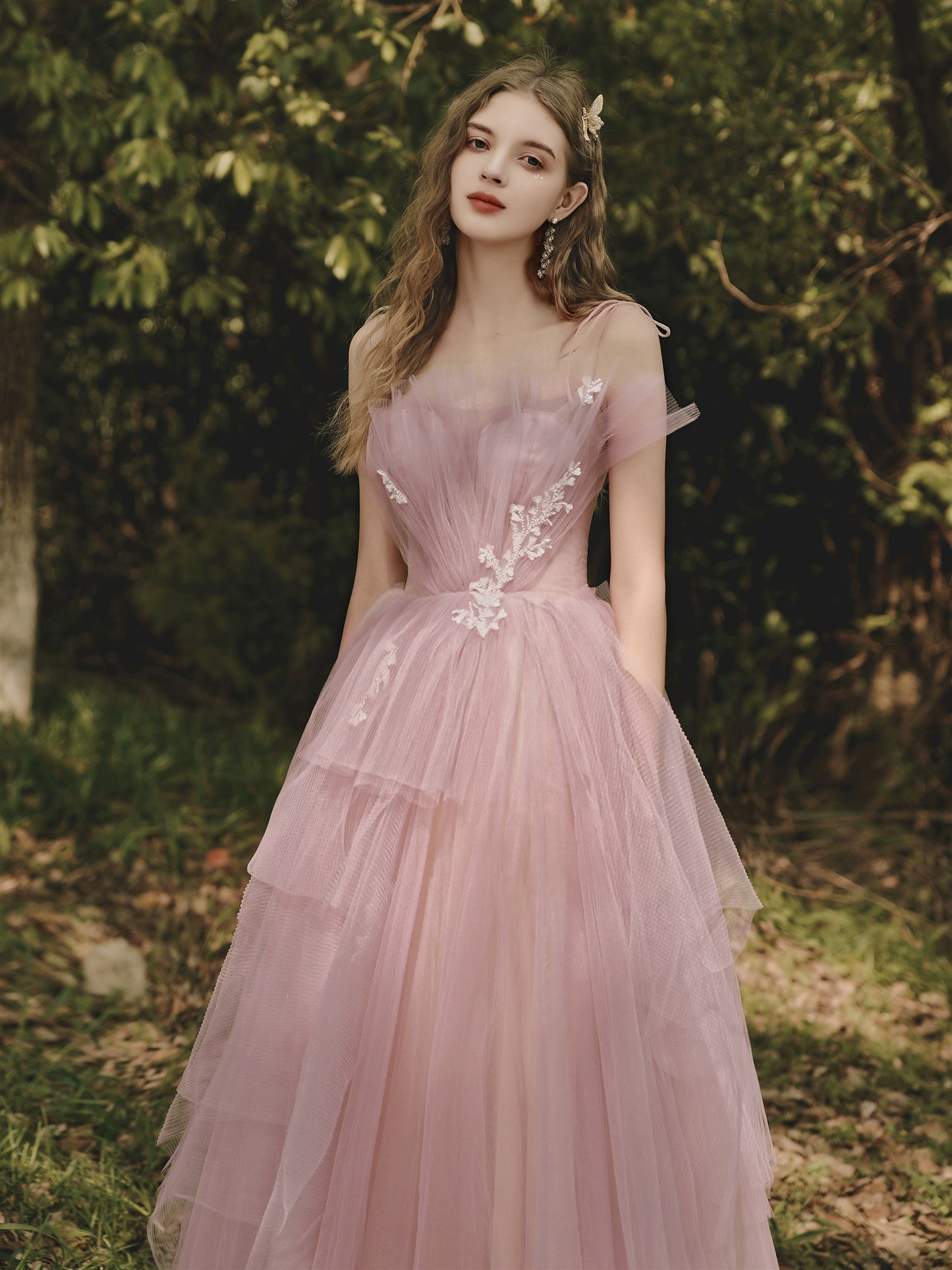 sequin floral applique tulle maxi dress in pink