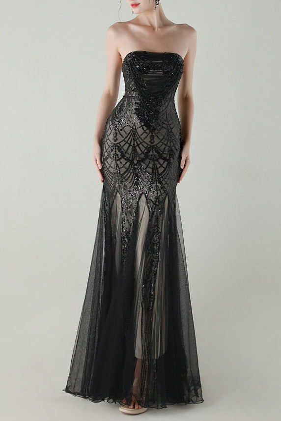 sequin strapless tulle maxi dress