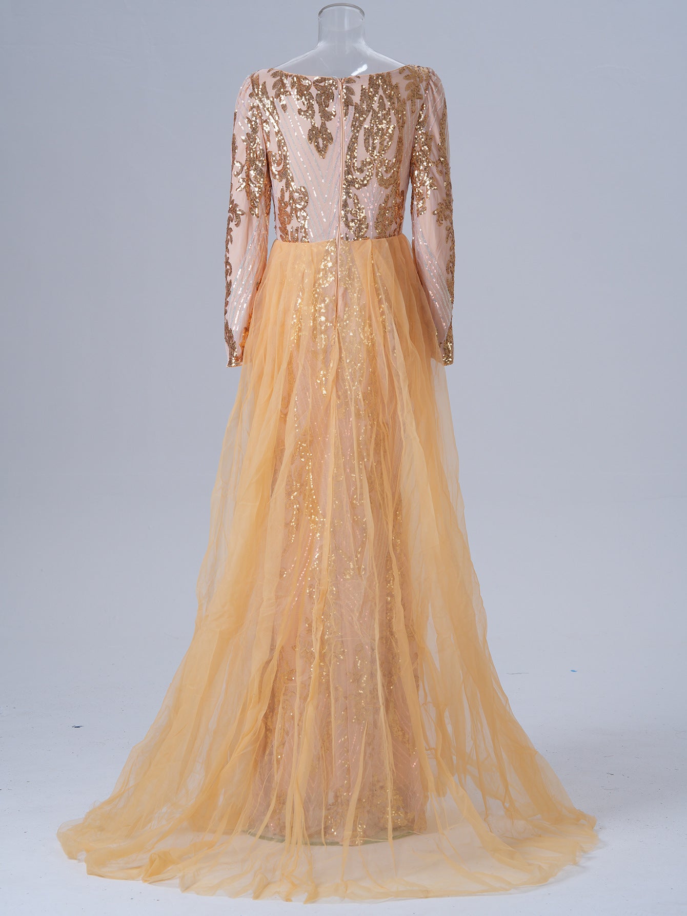 Long-sleeved V-neck sequined mesh bridesmaid dress