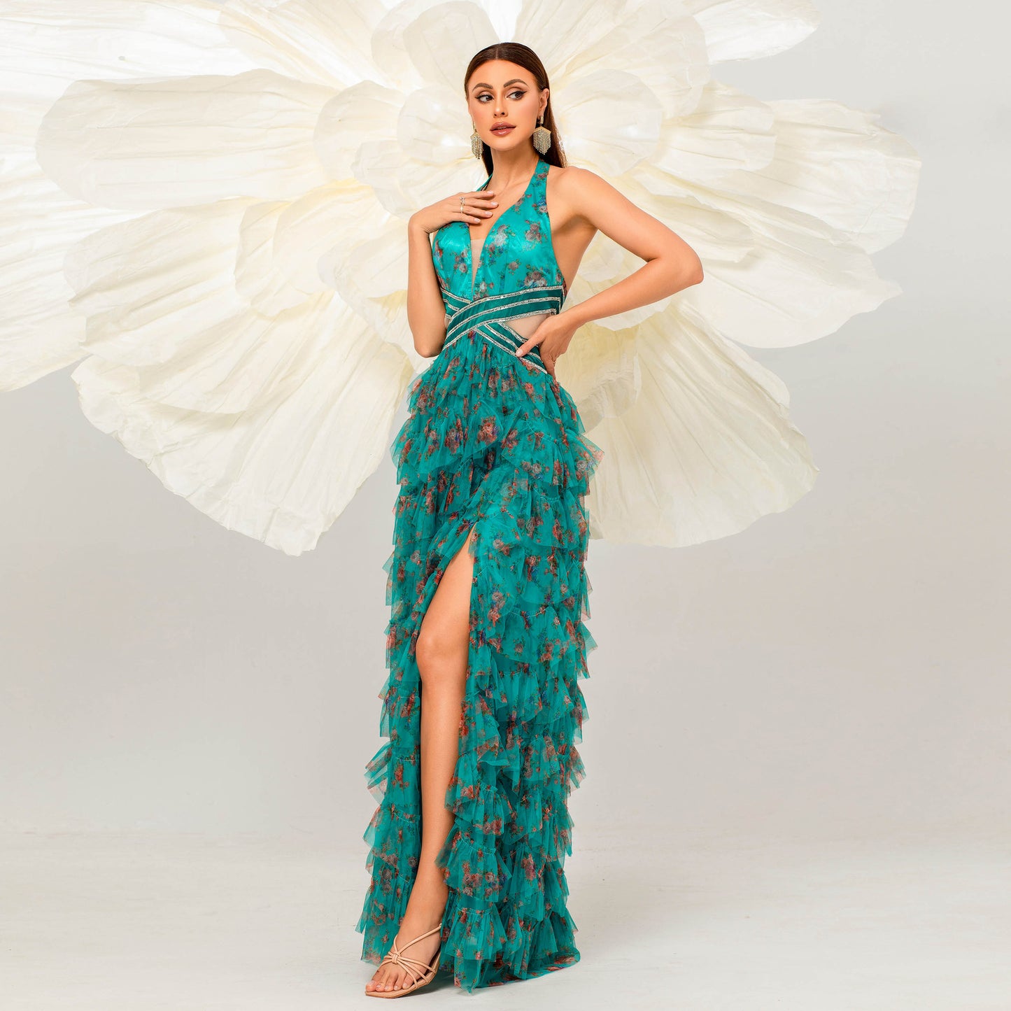 green floral print ruffle trim layer halter cutout maxi dress