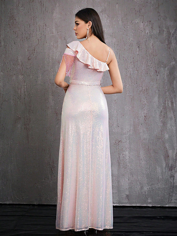 one shoulder tassel sequin high slit maxi dress in pink
