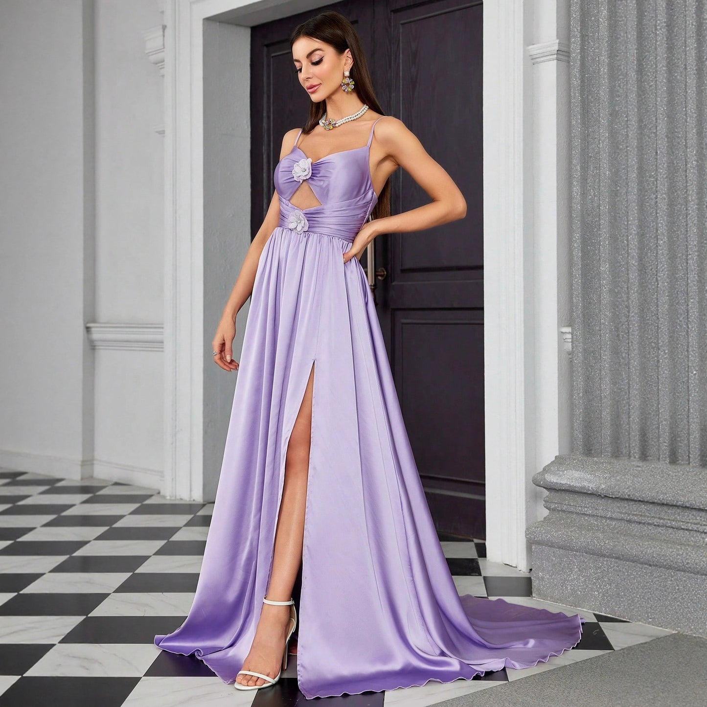 flower embellished cutout chiffon maxi dress in purple
