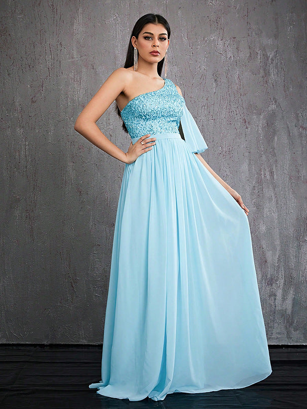 one shoulder sequin detail tulle maxi dress in blue