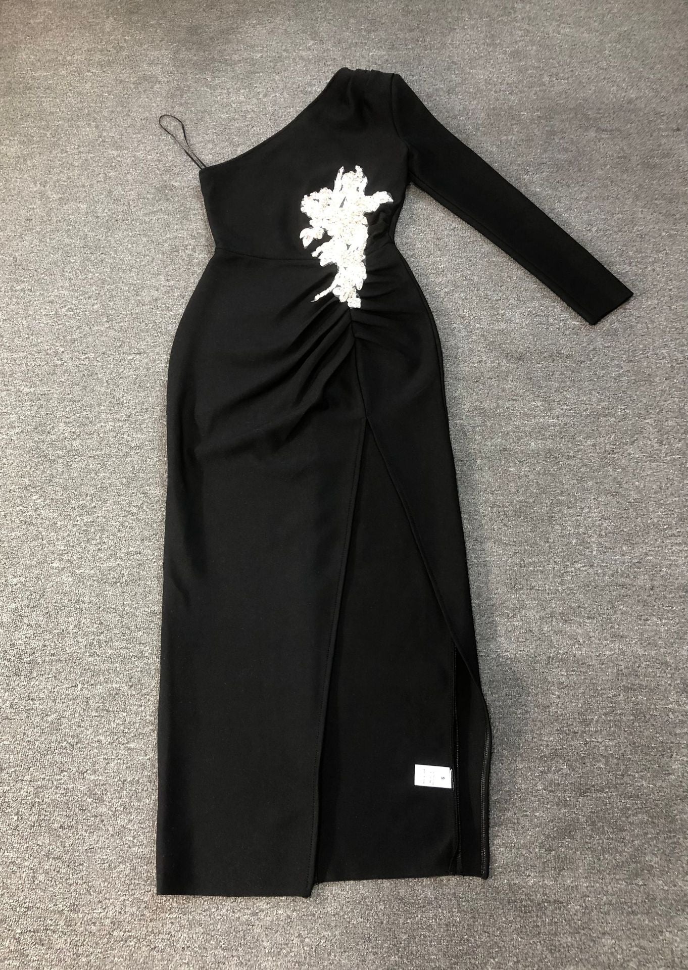 elsa one shoulder rhinestone appliqué bandage midi dress in black