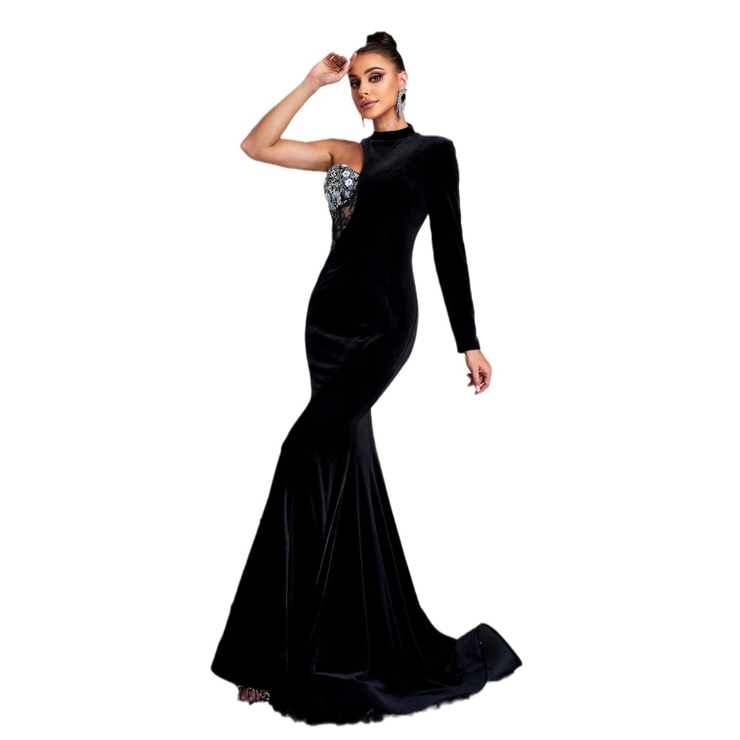 one-shoulder rhinestone detail cutout maxi dress in black