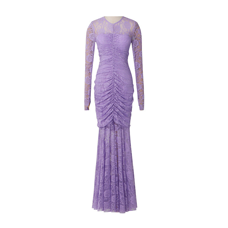 penny lace hollow ruched bodycon long sleeve maxi dress in purple