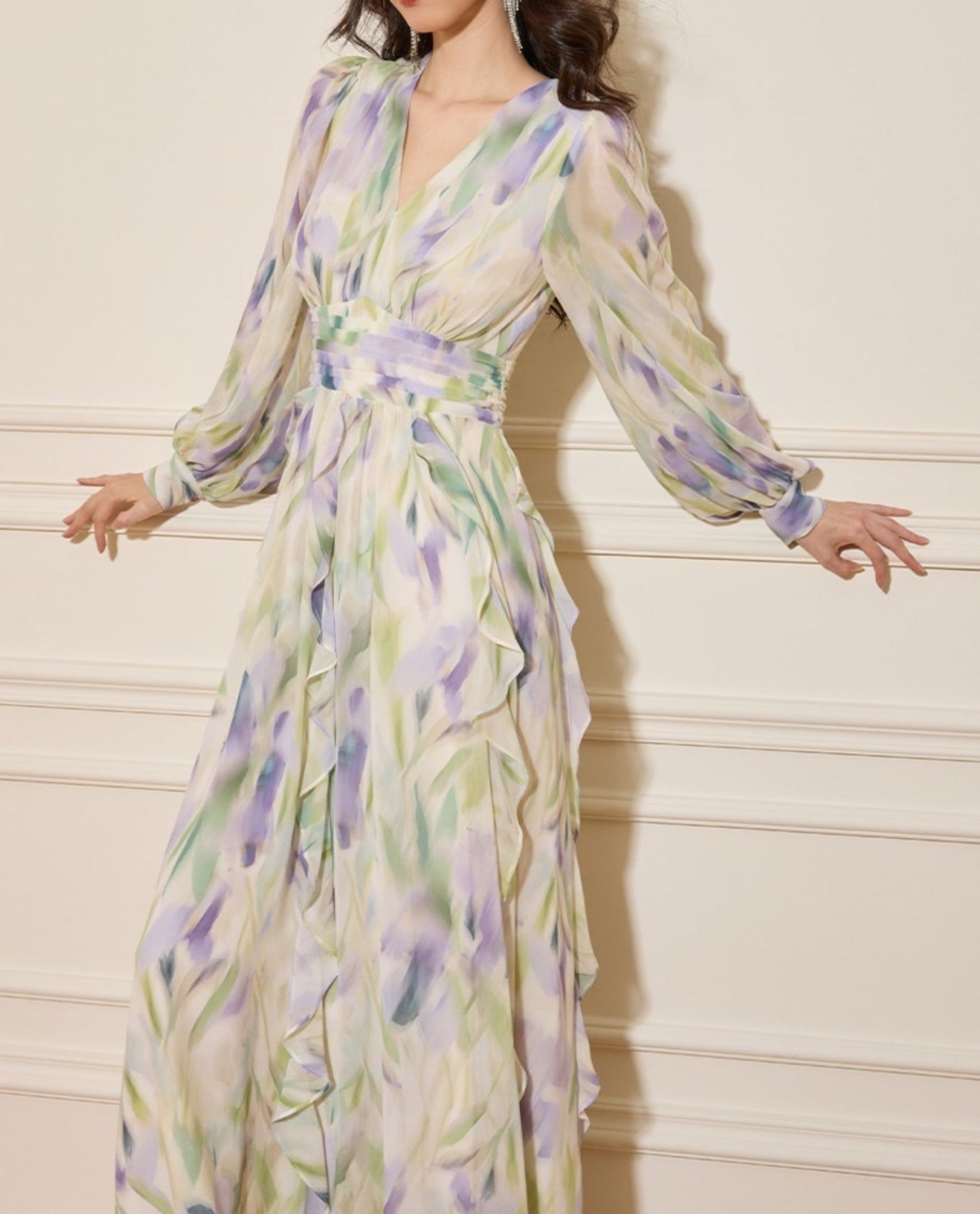 rachel multicolor v-neck floral print lantern sleeve maxi dress