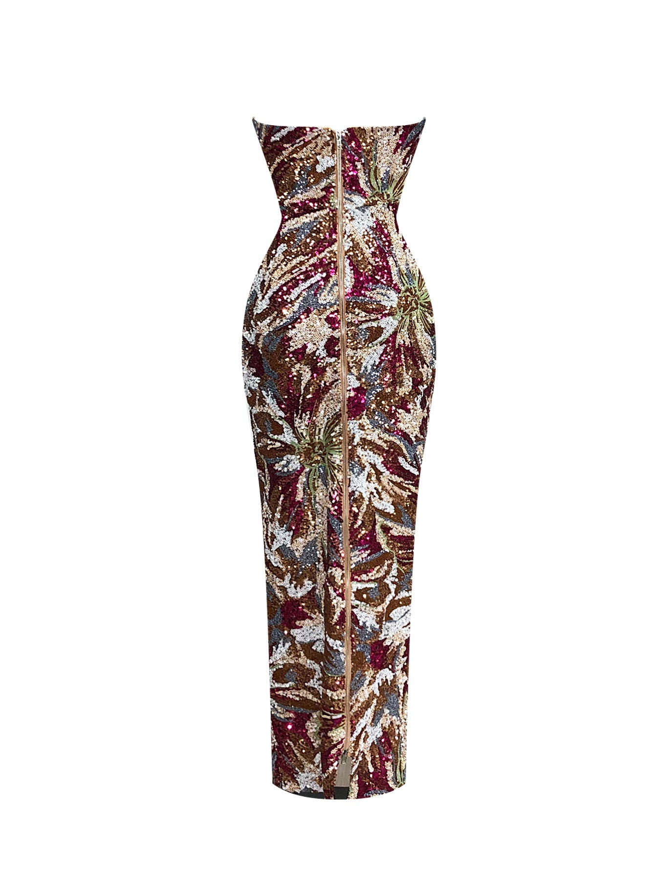 vivien fireworks pattern sequin embroidery strapless maxi dress