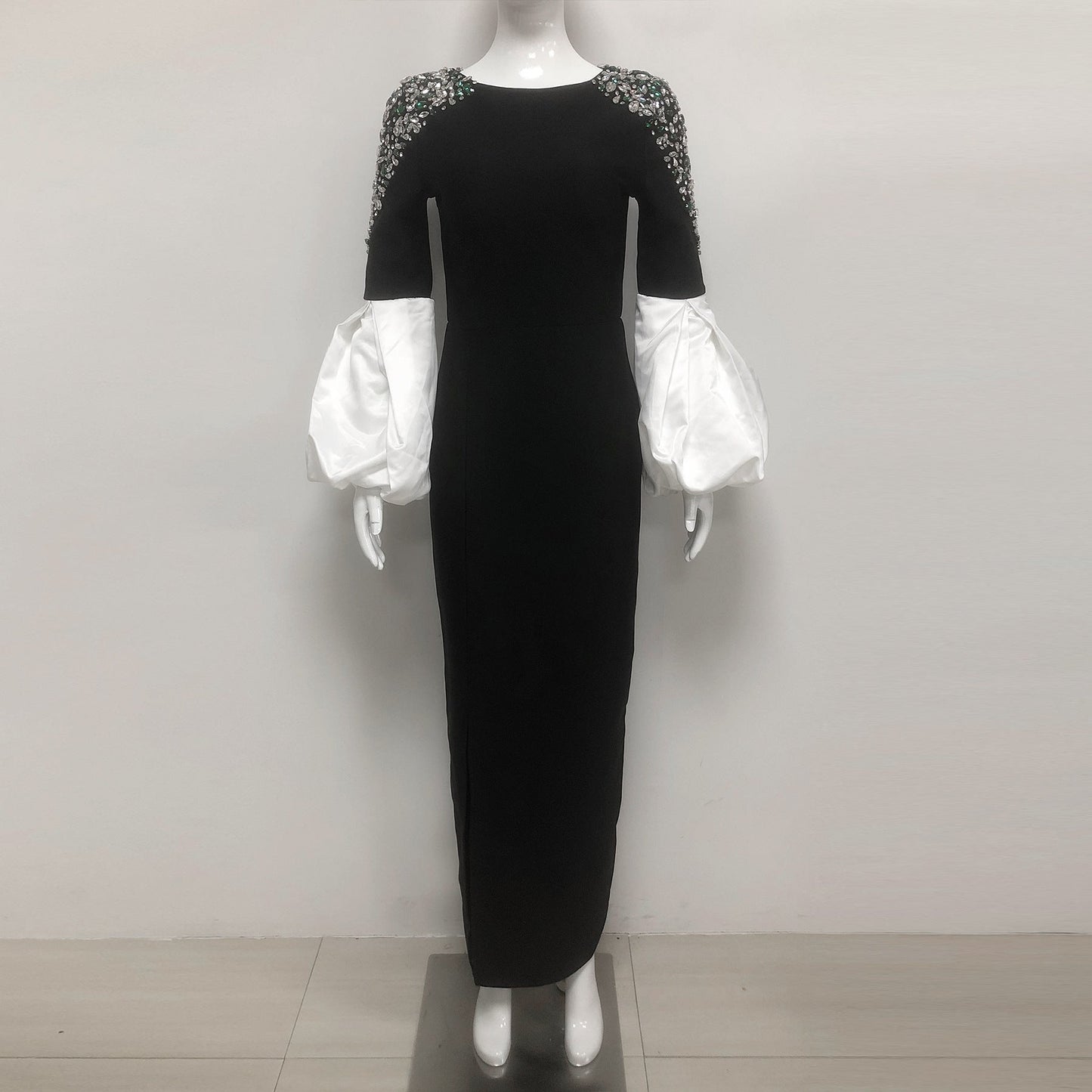 ellen black Long Sleeve Rhinestone Contrast Bandage Maxi Dress