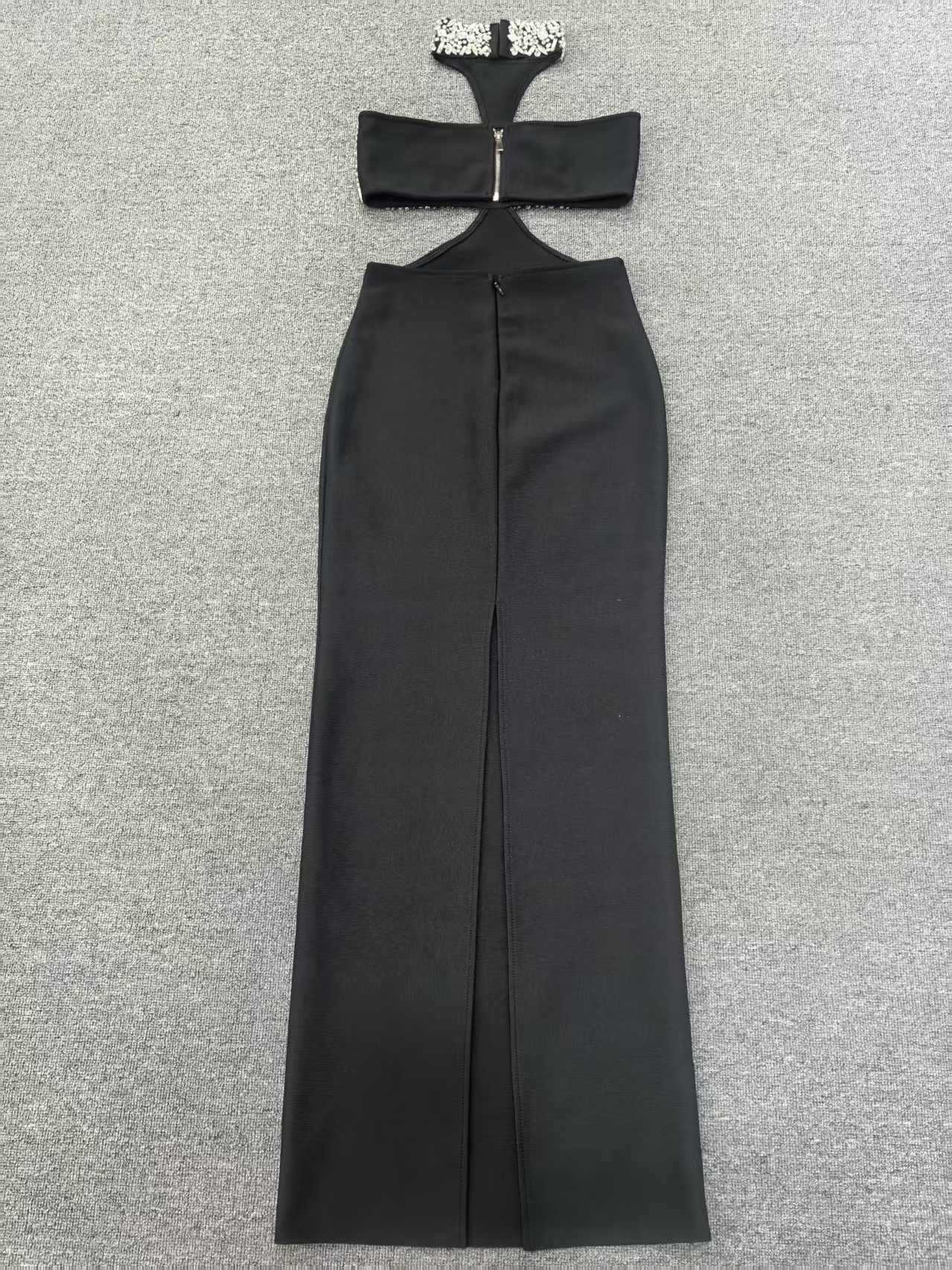 gwendolyn crystal halter cut out maxi dress in black