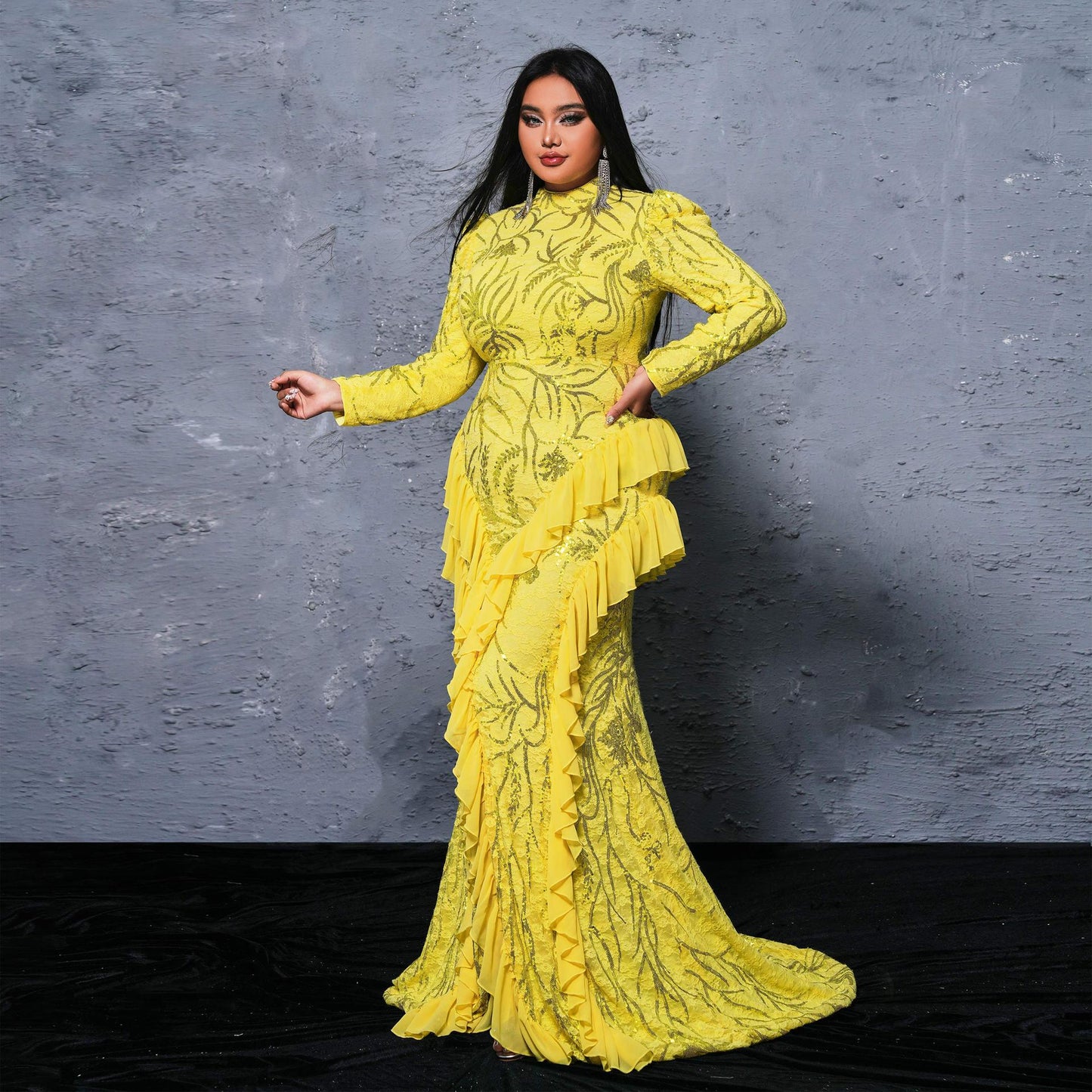 long sleeve sequin detail ruffle trim maxi dress in yellow