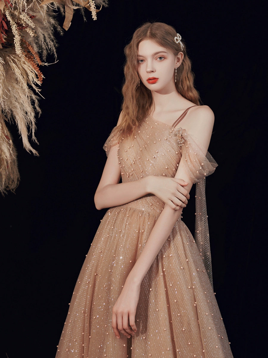 venus pearl embellished tulle maxi dress in brown