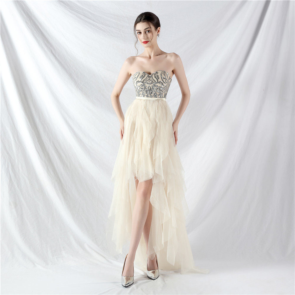 strapless sequin tulle midi dress