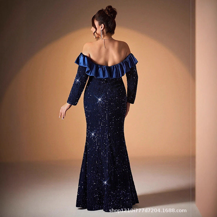 off shoulder long sleeve sequin detail maxi dress in navy blue