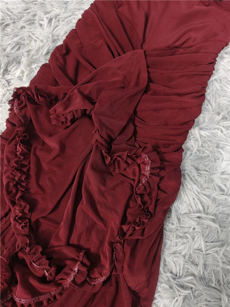 Burgundy mesh ruffle waist maxi dress