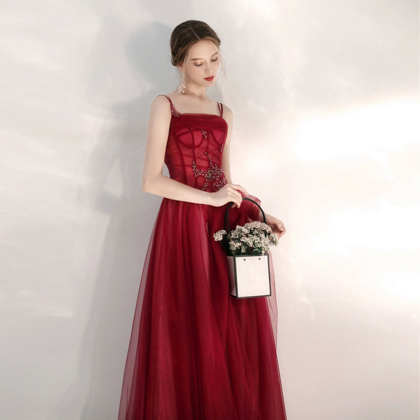 crystal applique maxi dress in burgundy