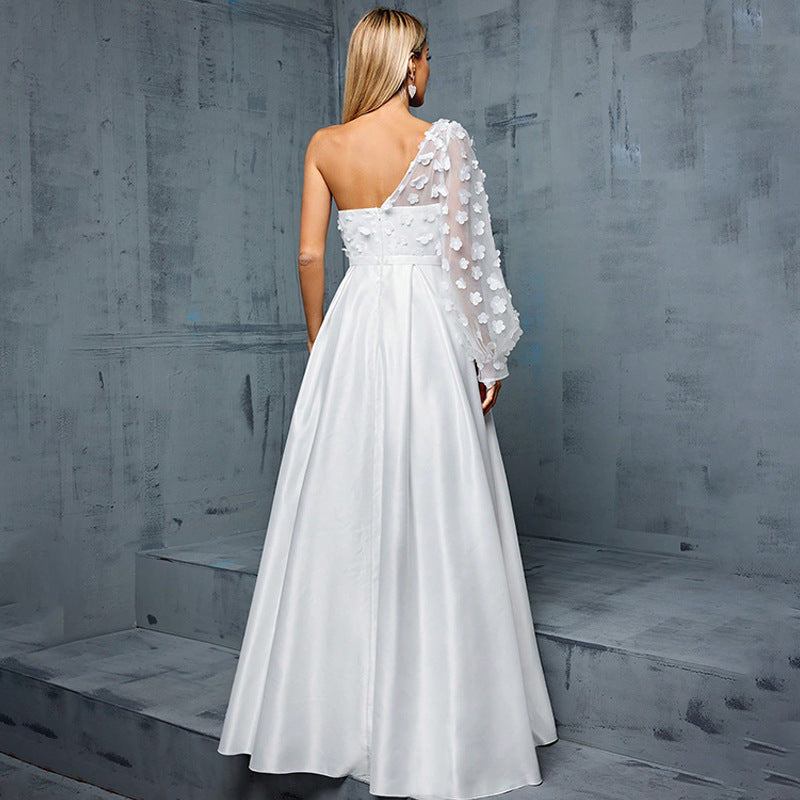 one shoulder flower applique maxi dress in white