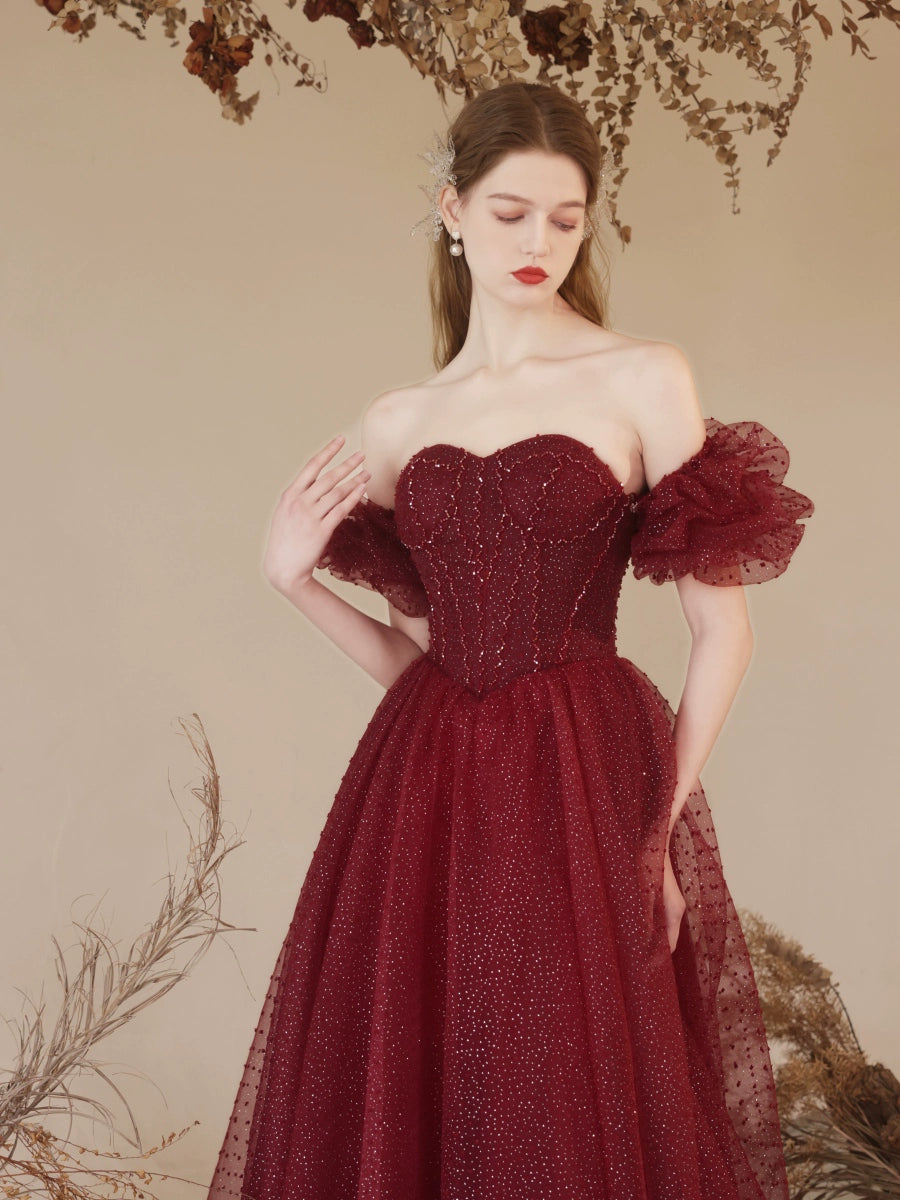 sequin detail polka dots puff sleeve maxi dress in claret
