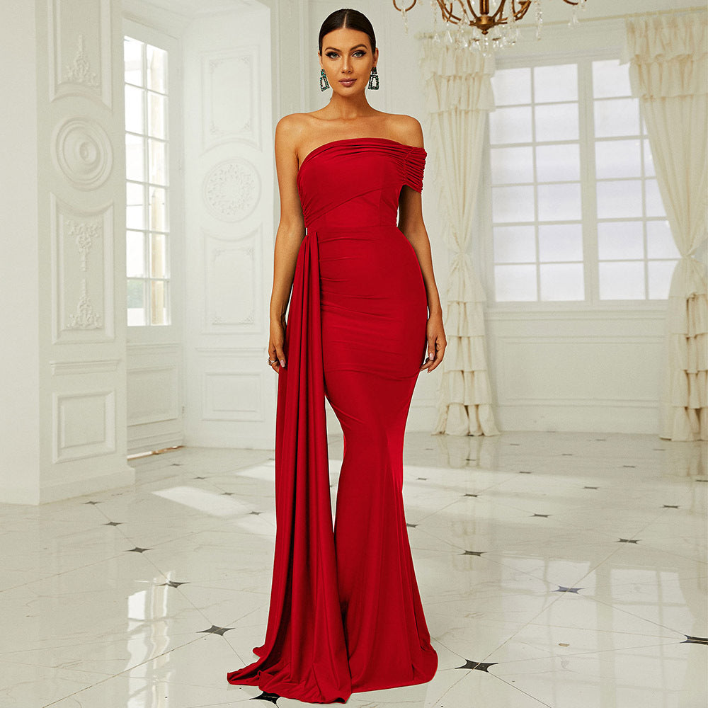 off shoulder pleated ribbon strapless maxi dress in green
