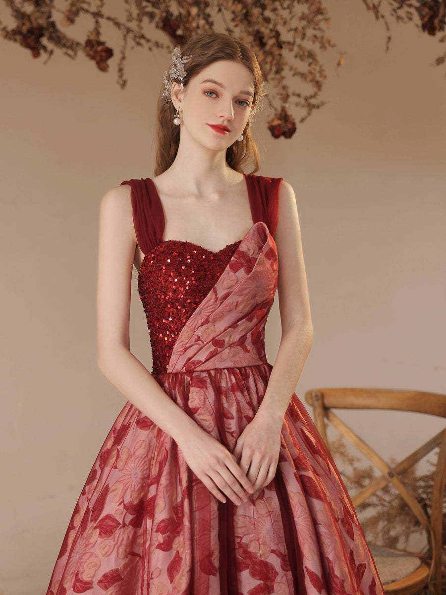 off-sholuder floral print maxi dress in wine-red
