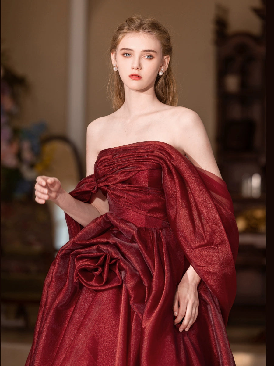 off-shoulder flower shape maxi dress in burgundy