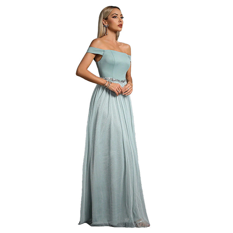 off shoulder rhinestone tulle patchwork satin maxi dress in mint
